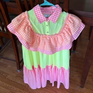 Queen of Sparkles Neon Checkered Gingham Sequin Ruffle Dress Size Small